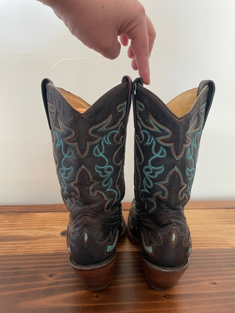 Corral Brown Leather Western Heeled Boots with Turquoise Stitching - Picture 6 of 10